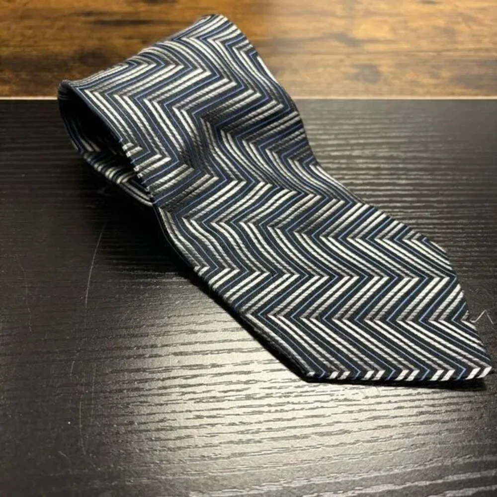 Fabio Fazio Tie Mens 100% Silk Necktie Shiny Blue Silver Black Stripes Ties‎